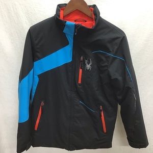 Spyder black ski jacket, red lining, thumb holes